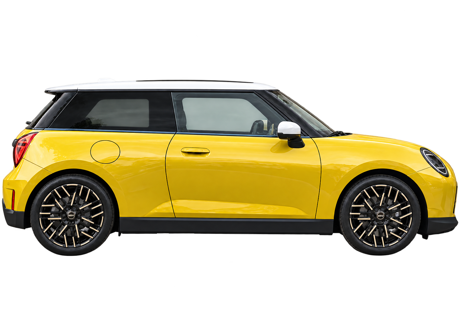 A yellow MINI Cooper with a white roof